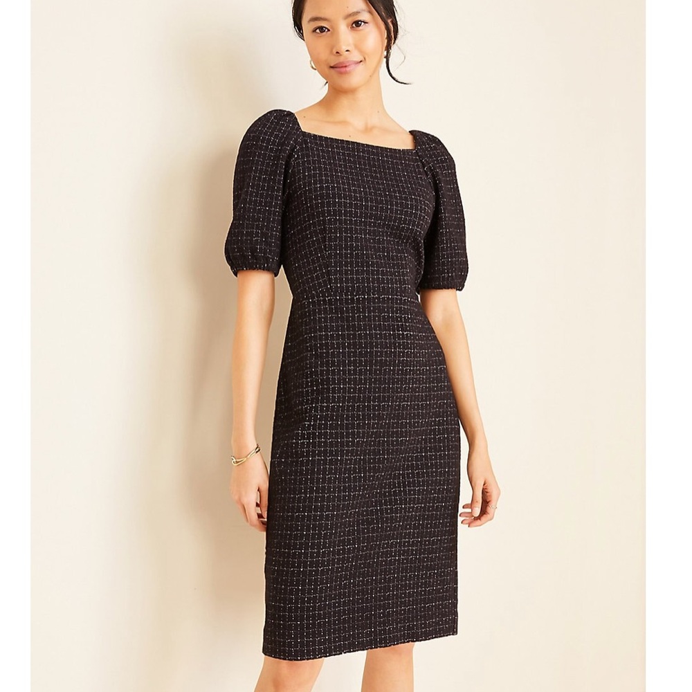 Ann Taylor Textured Grid Puff Sleeve Sheath Dress